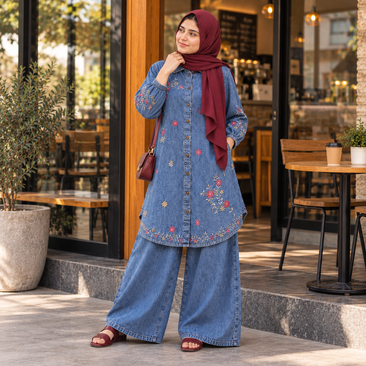 Mazora Embroidered Denim Co-ord Set: Long Shirt Tunic with Wide-Leg Jeans