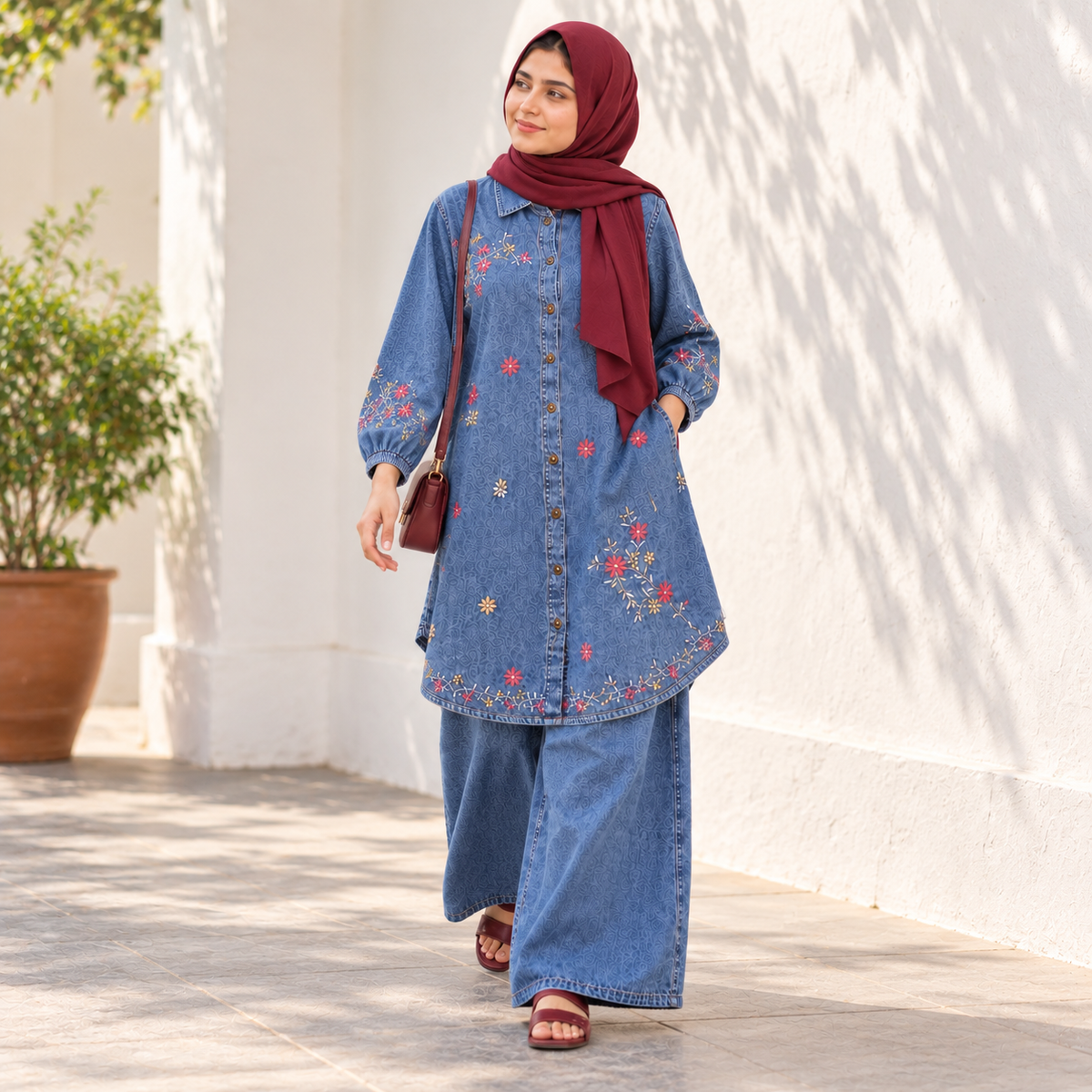 Mazora Embroidered Denim Co-ord Set: Long Shirt Tunic with Wide-Leg Jeans