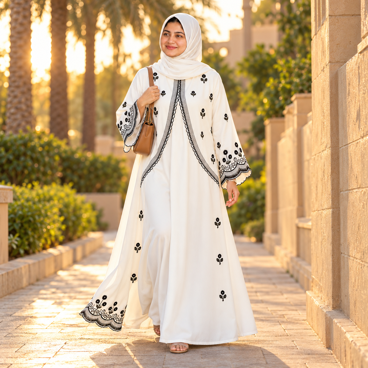Mazora Pearl White Embroidered Abaya with Floral Border (Without Dupatta)