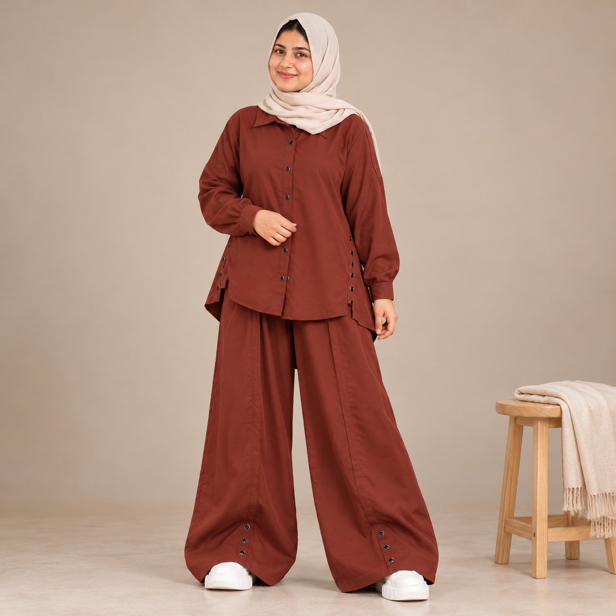 Mazora Rust Brown Co-ord Set: Oversized Button Shirt with Wide-Leg Pants,Perfect For College | Office wear | Casual outings | Travel