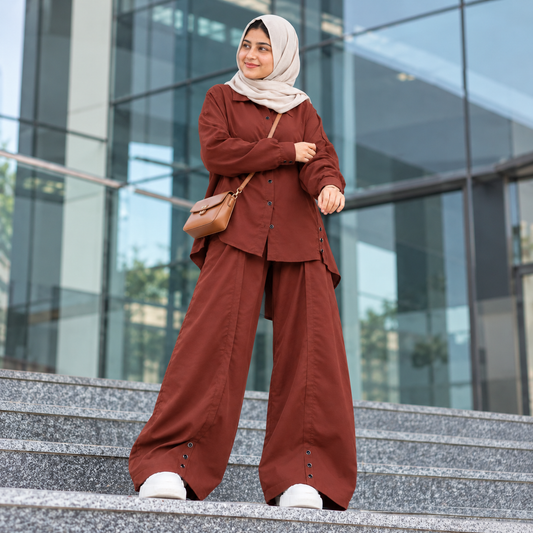 Mazora Rust Brown Co-ord Set: Oversized Button Shirt with Wide-Leg Pants,Perfect For College | Office wear | Casual outings | Travel