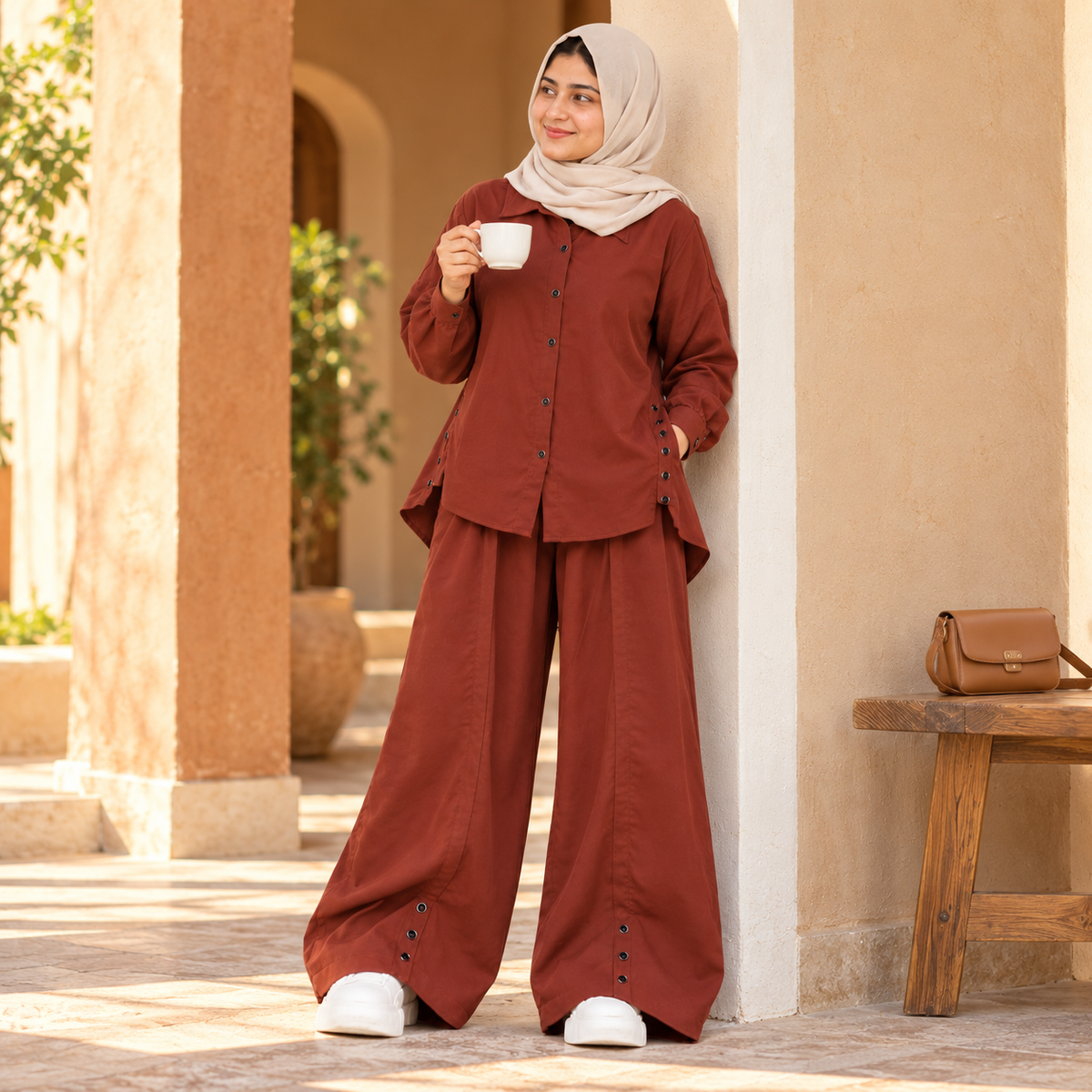 Mazora Rust Brown Co-ord Set: Oversized Button Shirt with Wide-Leg Pants,Perfect For College | Office wear | Casual outings | Travel