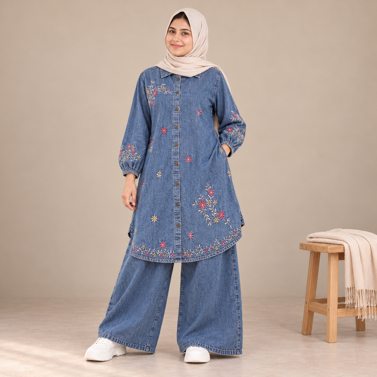Mazora Embroidered Denim Co-ord Set: Long Shirt Tunic with Wide-Leg Jeans