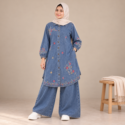 Mazora Embroidered Denim Co-ord Set: Long Shirt Tunic with Wide-Leg Jeans