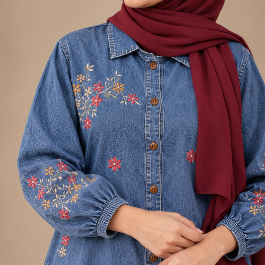 Mazora Embroidered Denim Co-ord Set: Long Shirt Tunic with Wide-Leg Jeans