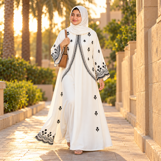 Mazora Pearl White Embroidered Abaya with Floral Border (Without Dupatta)