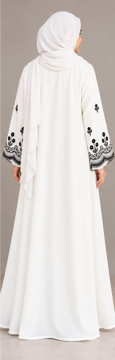 Mazora Pearl White Embroidered Abaya with Floral Border (Without Dupatta)