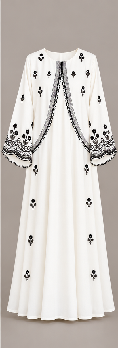 Mazora Pearl White Embroidered Abaya with Floral Border (Without Dupatta)