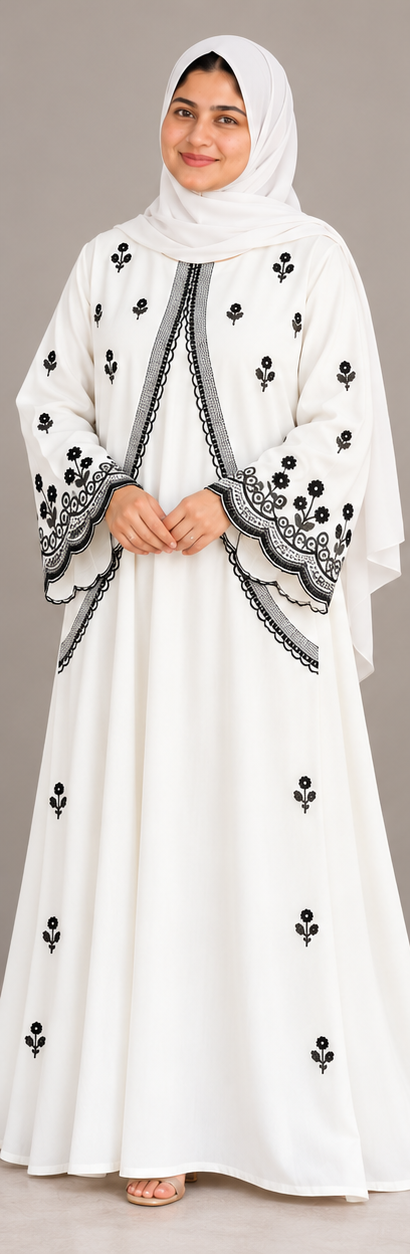 Mazora Pearl White Embroidered Abaya with Floral Border (Without Dupatta)